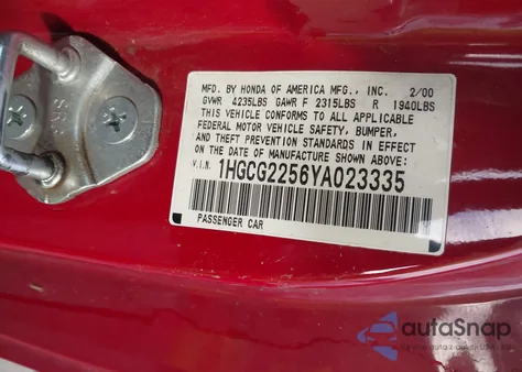 2000 Honda Accord 3.0 Ex из США, поврежденный, VIN 1HGCG2256YA023335